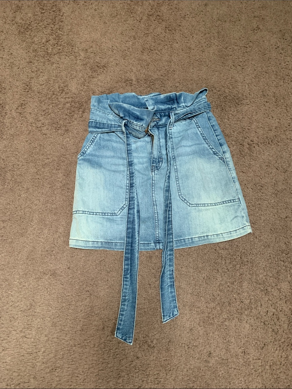 Denim Paperbag Waist Mini Skirt with Belt - Light Blue
